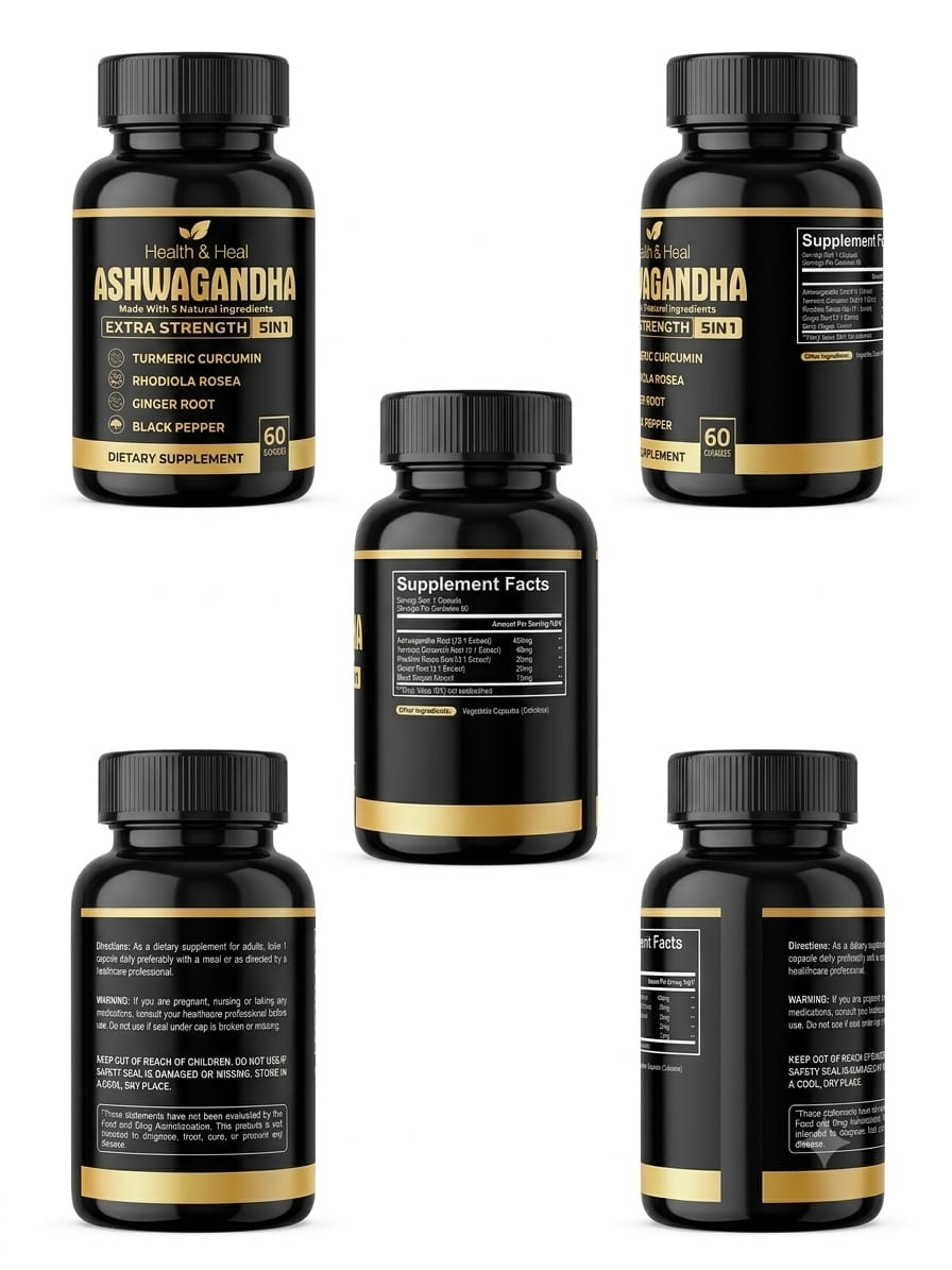Health & Heal Ashwagandha Extra Strength 5-in-1 — Turmeric Curcumin, Rhodiola Rosea, Ginger & Black Pepper Adaptogenic Wellness Capsules