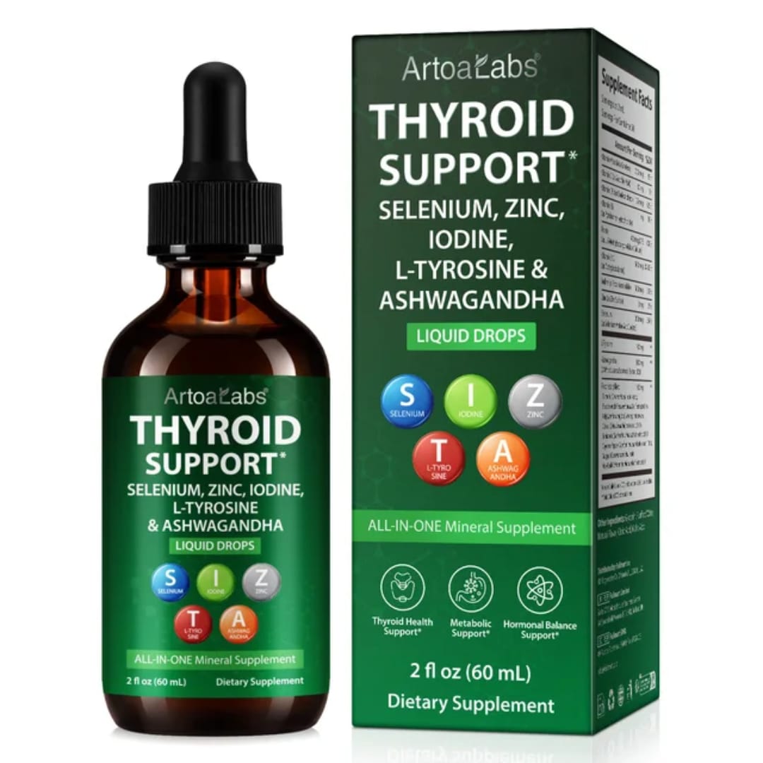 ArtoaLabs Thyroid Support Liquid Drops β Iodine, Selenium, Zinc, L-Tyrosine & Ashwagandha All-in-One Wellness Formula