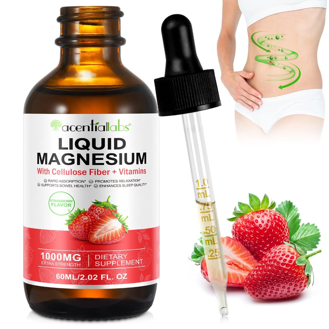 Acential Labs Liquid Magnesium 1000mg — Strawberry Flavour with Cellulose Fibre & Vitamins | Sleep, Muscle & Relaxation Wellness