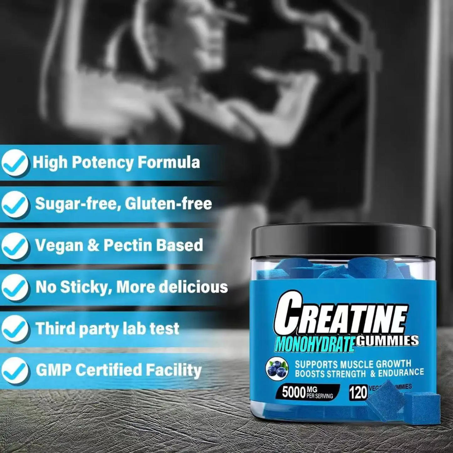 Creatine Monohydrate Gummies Supplements 6000mg Blueberry Flavour