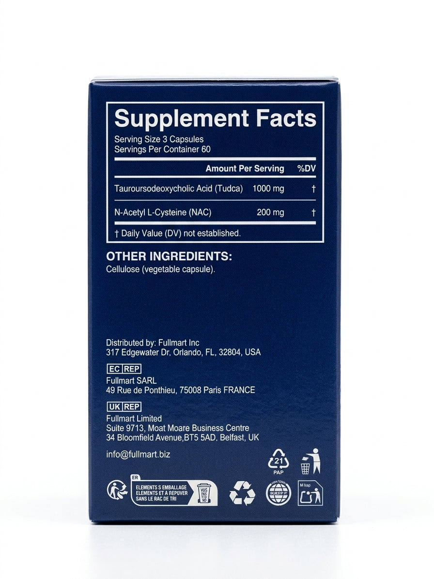 ArtoaLabs TUDCA + NAC supplement facts: 1000mg TUDCA and 200mg NAC per 3-capsule serving