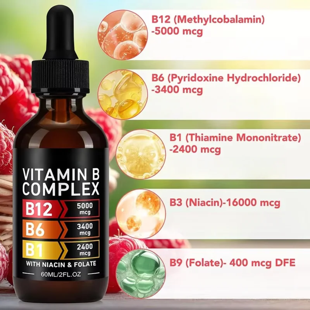 Vitamin B Complex drops ingredient breakdown showing B12 methylcobalamin, B6 pyridoxine hydrochloride, B1 thiamine mononitrate, B3 niacin and B9 folate amounts per serving