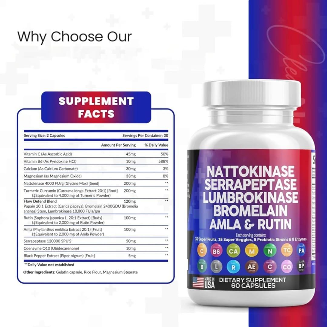 Health & Heal Flow Defend™ — Nattokinase, Serrapeptase & Lumbrokinase Enzyme Complex