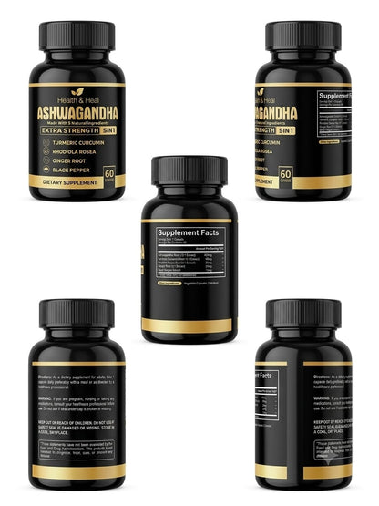 Health & Heal Ashwagandha Extra Strength 5-in-1 — Turmeric Curcumin, Rhodiola Rosea, Ginger & Black Pepper Adaptogenic Wellness Capsules