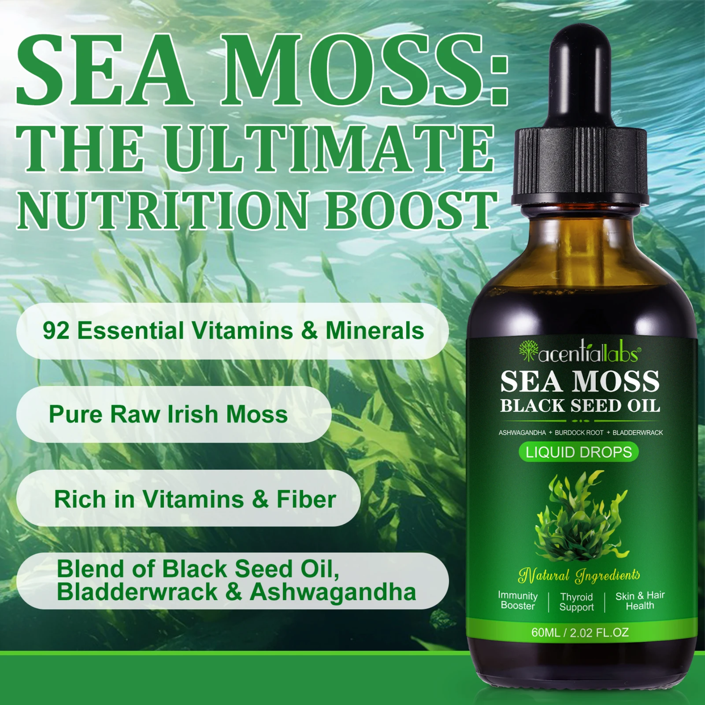 AcentialLabs Sea Moss + Black Seed Oil Liquid Drops