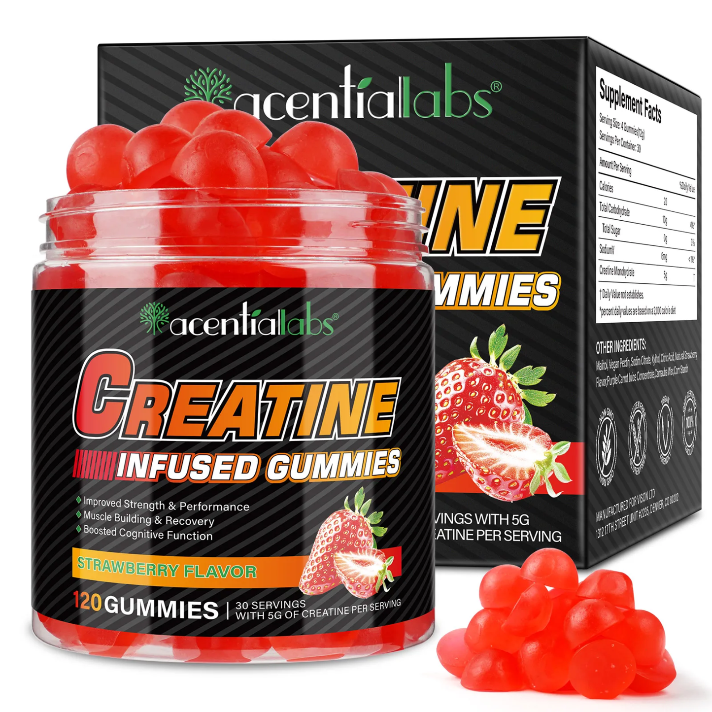 Acential Labs Creatine Infused Strawberry Flavor Gummies