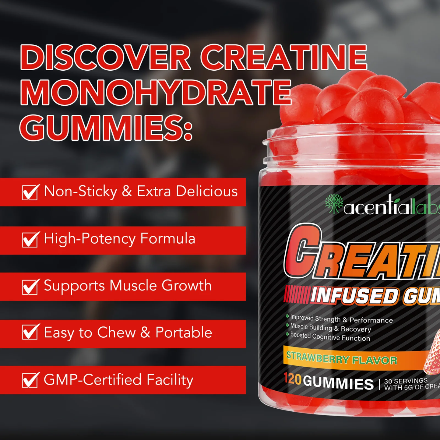 Acential Labs Creatine Infused Strawberry Flavor Gummies