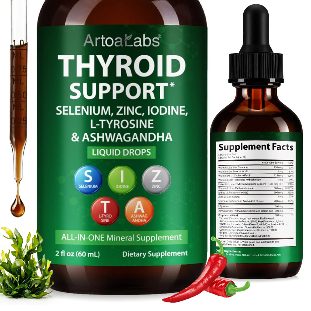 ArtoaLabs Thyroid Support Liquid Drops — Iodine, Selenium, Zinc, L-Tyrosine & Ashwagandha All-in-One Wellness Formula