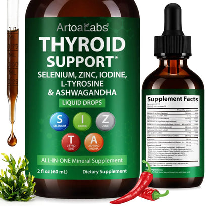 ArtoaLabs Thyroid Support Liquid Drops — Iodine, Selenium, Zinc, L-Tyrosine & Ashwagandha All-in-One Wellness Formula