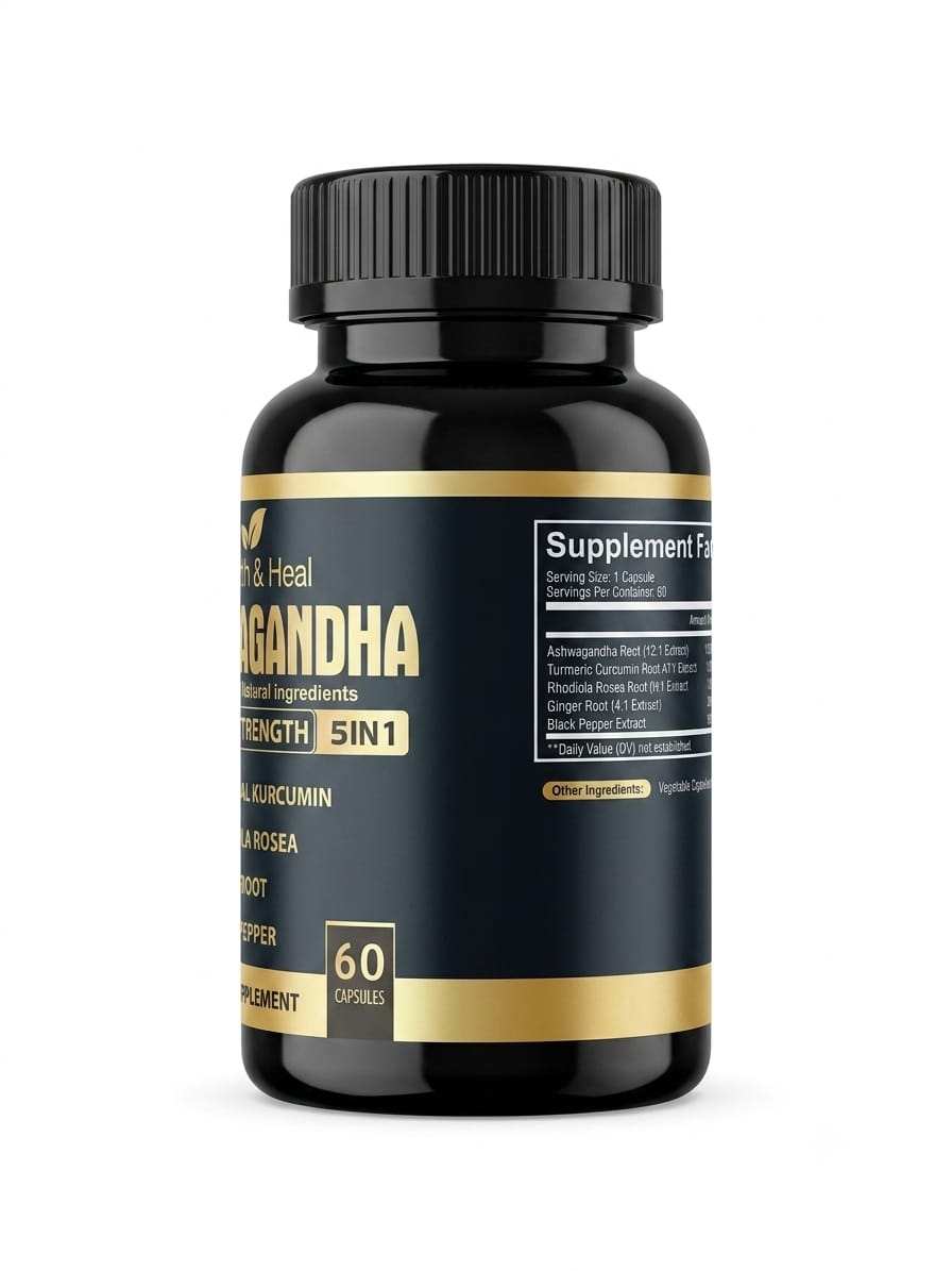 Health & Heal Ashwagandha Extra Strength 5-in-1 — Turmeric Curcumin, Rhodiola Rosea, Ginger & Black Pepper Adaptogenic Wellness Capsules
