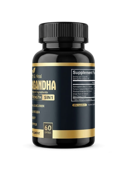Health & Heal Ashwagandha Extra Strength 5-in-1 — Turmeric Curcumin, Rhodiola Rosea, Ginger & Black Pepper Adaptogenic Wellness Capsules