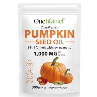 OneBotanic Cold-Pressed Pumpkin Seed Oil 1000mg with Saw Palmetto — Hair, Urinary & Omega Wellness Softgels | 300 Softgels