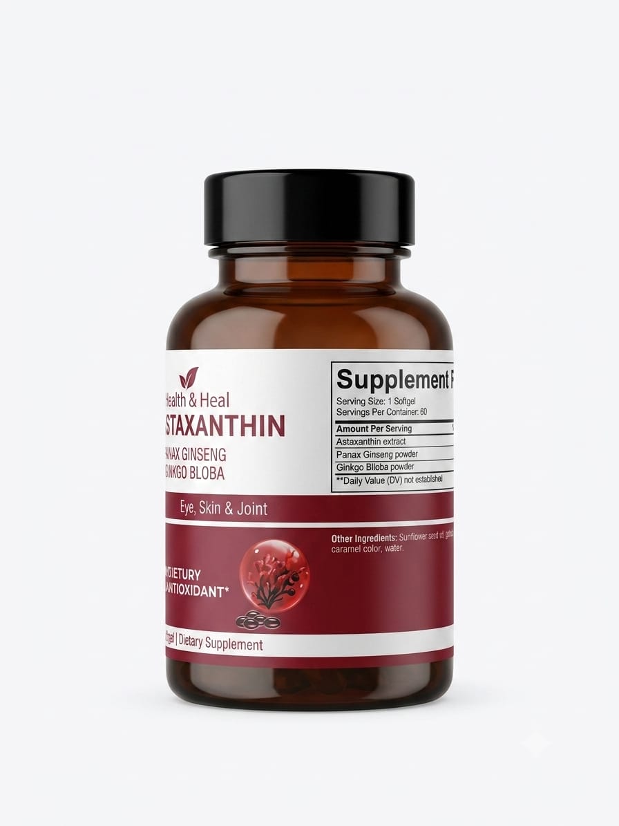 Health & Heal Astaxanthin with Panax Ginseng & Ginkgo Biloba — Energy, Brain, Memory & Antioxidant Wellness Softgels | 60 Softgels