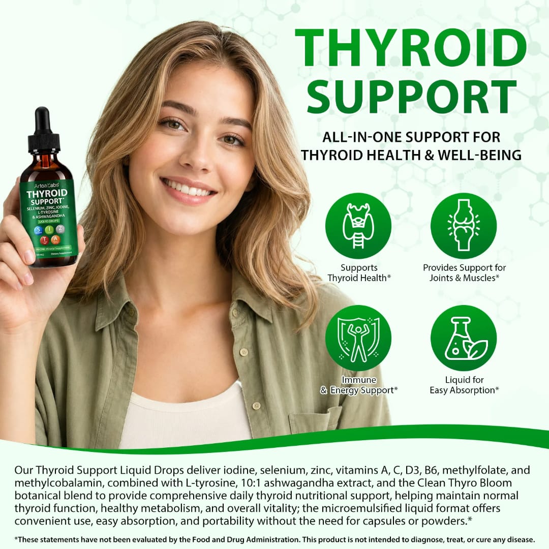 ArtoaLabs Thyroid Support Liquid Drops — Iodine, Selenium, Zinc, L-Tyrosine & Ashwagandha All-in-One Wellness Formula
