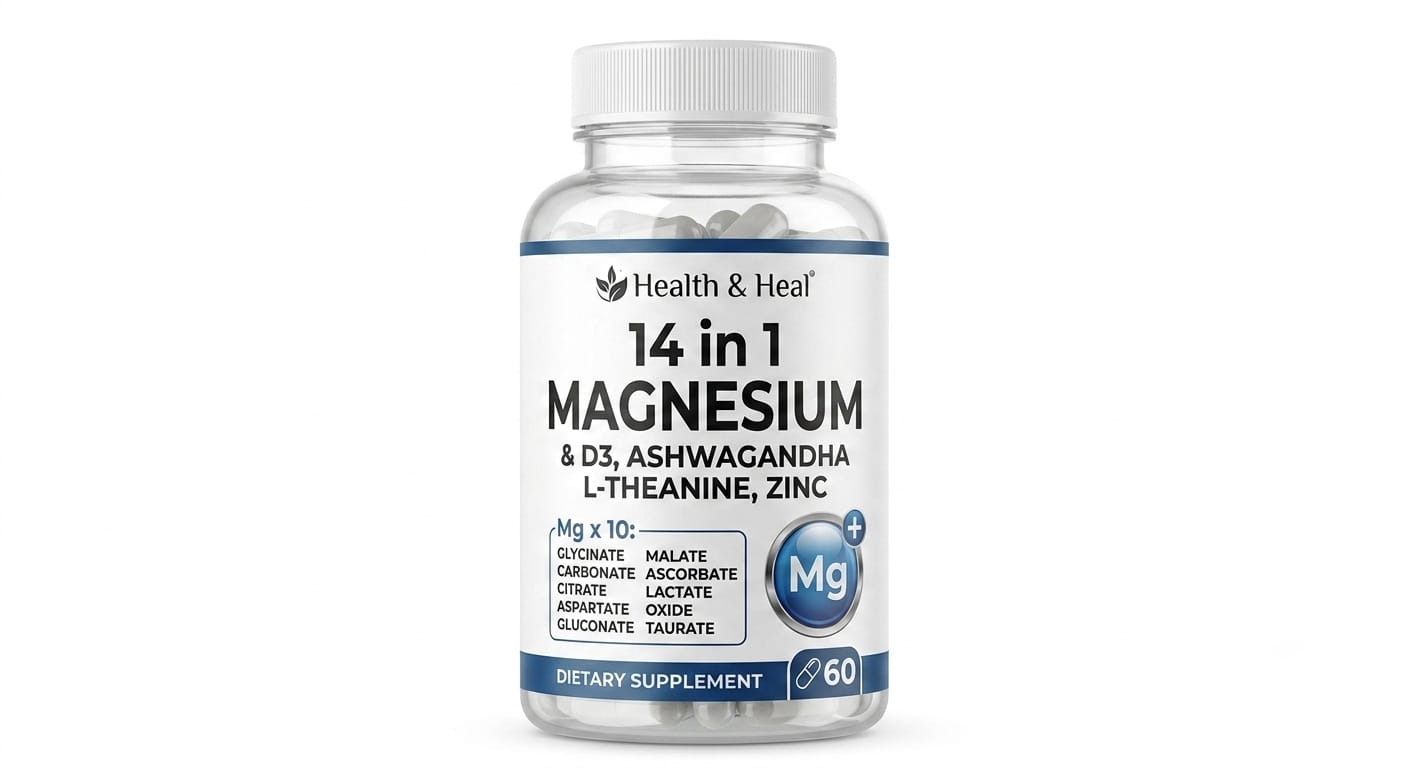 Health & Heal 14-in-1 Magnesium Complex — D3, Ashwagandha, L-Theanine & Zinc Daily Wellness Capsules