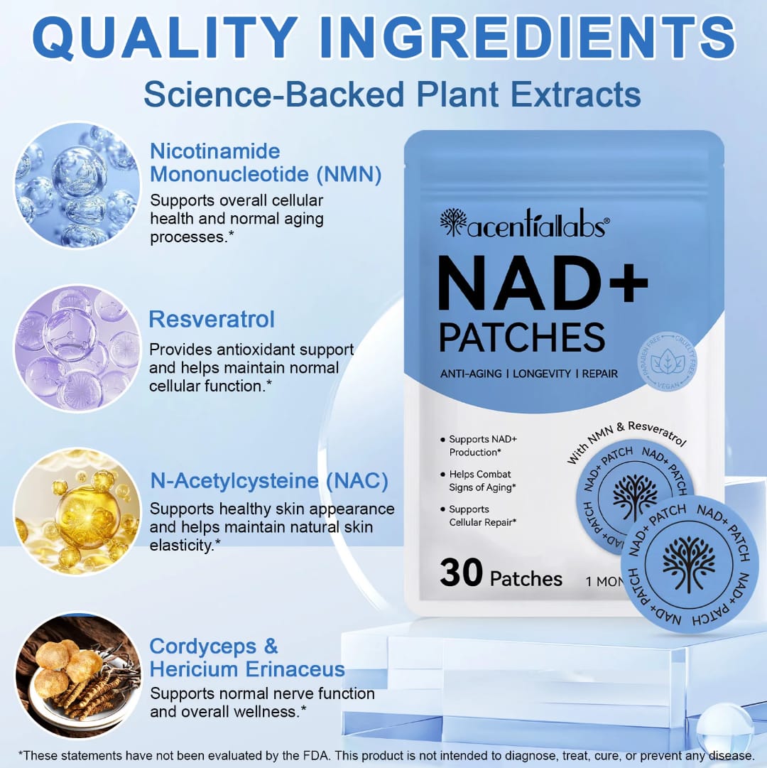 Acential Labs NAD+ Patches with NMN & Resveratrol — Cellular Energy & Healthy Ageing Wellness Patches | 30 Patches