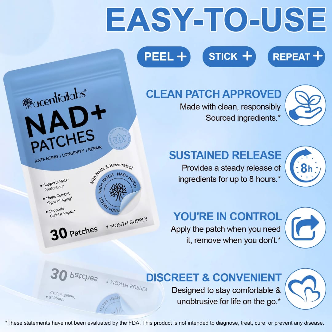 Acential Labs NAD+ Patches with NMN & Resveratrol — Cellular Energy & Healthy Ageing Wellness Patches | 30 Patches