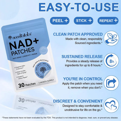Acential Labs NAD+ Patches with NMN & Resveratrol — Cellular Energy & Healthy Ageing Wellness Patches | 30 Patches