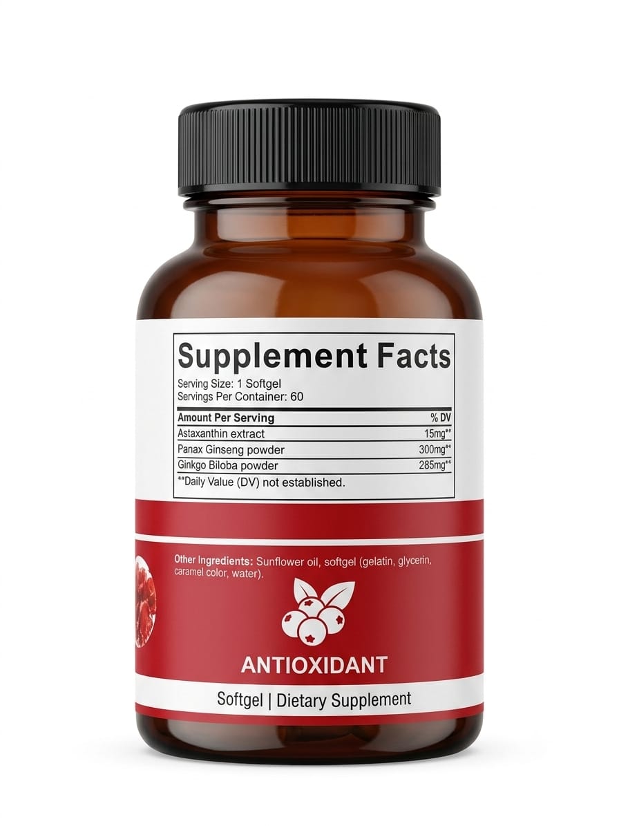 Health & Heal Astaxanthin with Panax Ginseng & Ginkgo Biloba — Energy, Brain, Memory & Antioxidant Wellness Softgels | 60 Softgels