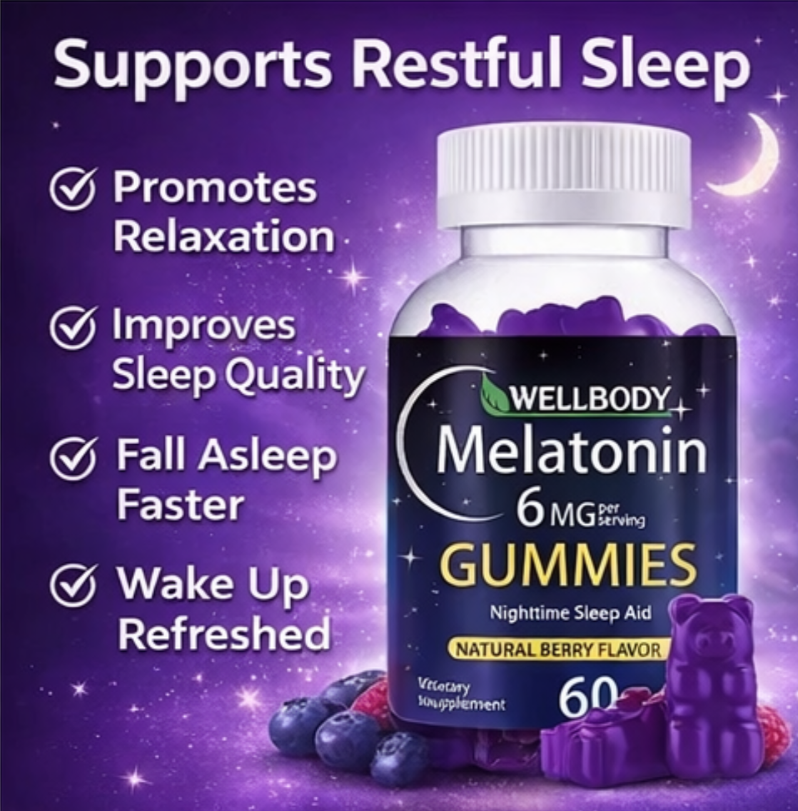 WellBody Melatonin Gummies — Sleep Support, Berry