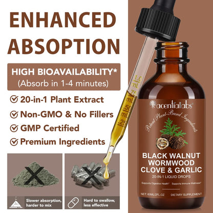 Acential Labs Black Walnut Wormwood Clove & Garlic — 20-in-1 Digestive Wellness Liquid Drops