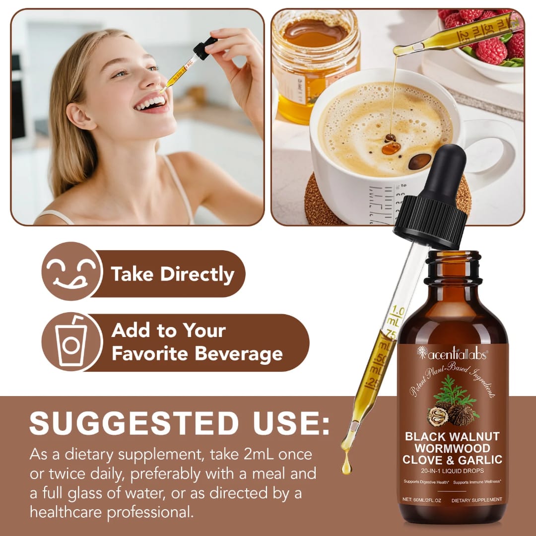Acential Labs Black Walnut Wormwood Clove & Garlic — 20-in-1 Digestive Wellness Liquid Drops