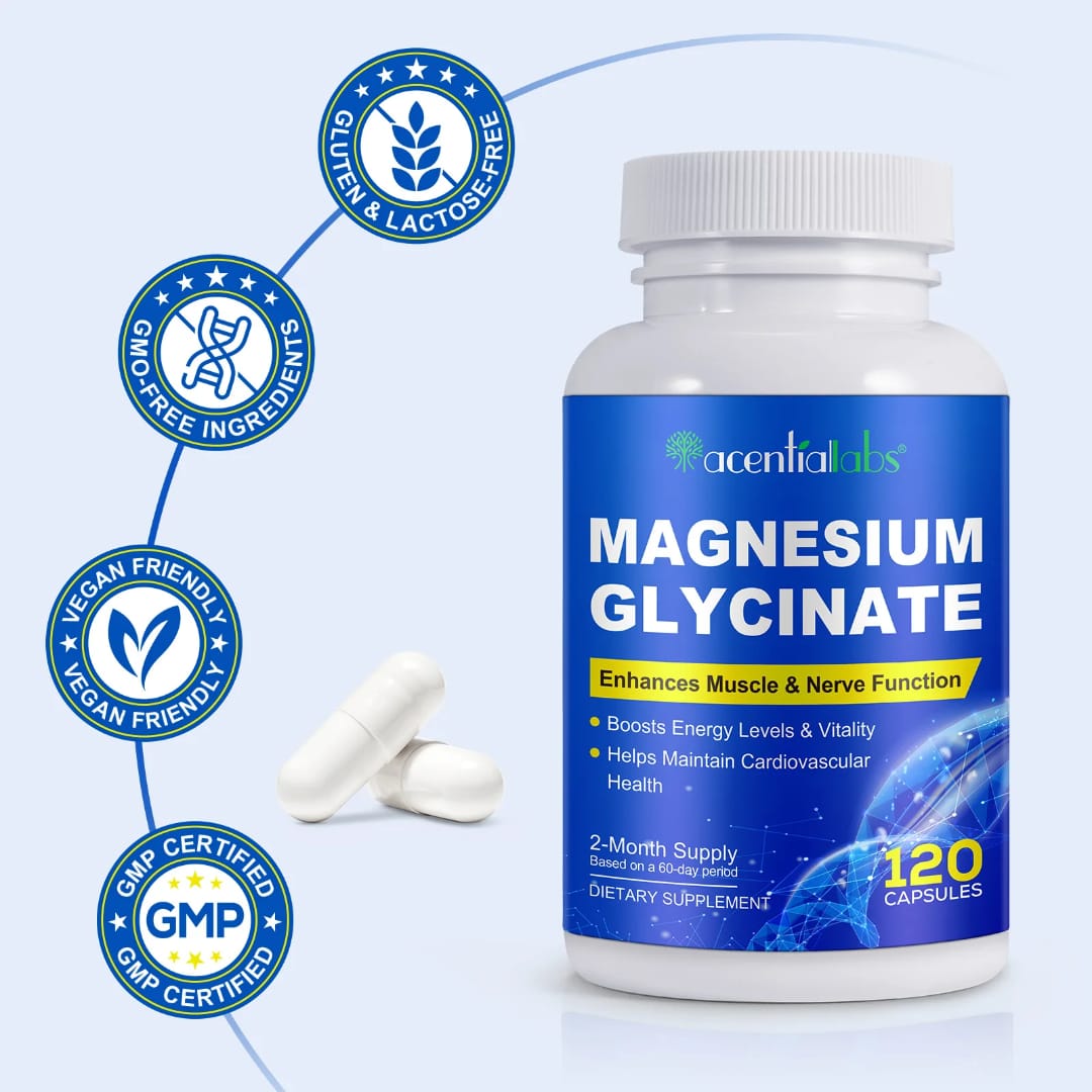 Acential Labs Magnesium Glycinate — High-Absorption Muscle, Nerve & Cardiovascular Wellness Capsules | 120 Capsules 2-Month Supply