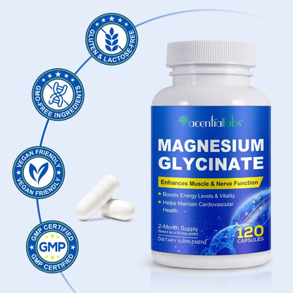 Acential Labs Magnesium Glycinate — High-Absorption Muscle, Nerve & Cardiovascular Wellness Capsules | 120 Capsules 2-Month Supply