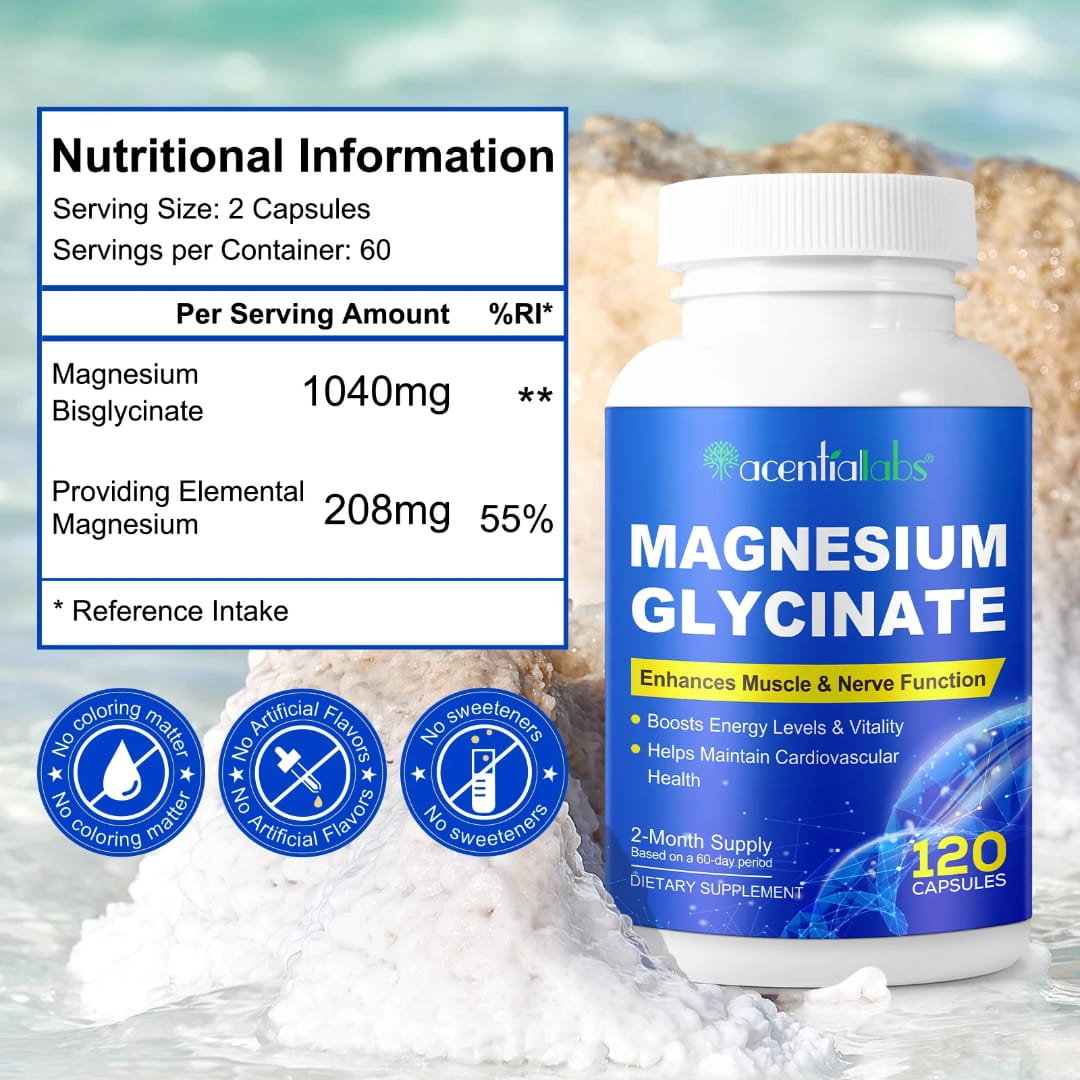 Acential Labs Magnesium Glycinate — High-Absorption Muscle, Nerve & Cardiovascular Wellness Capsules | 120 Capsules 2-Month Supply
