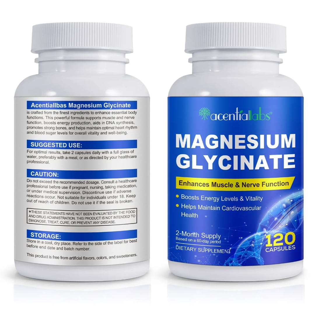 Acential Labs Magnesium Glycinate — High-Absorption Muscle, Nerve & Cardiovascular Wellness Capsules | 120 Capsules 2-Month Supply