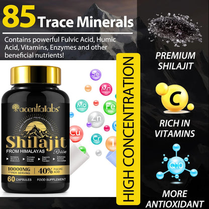 Acential Labs Himalayan Shilajit Resin Capsules 100000mg — 40% Fulvic Acid Energy, Stamina & Mineral Wellness | 60 Capsules