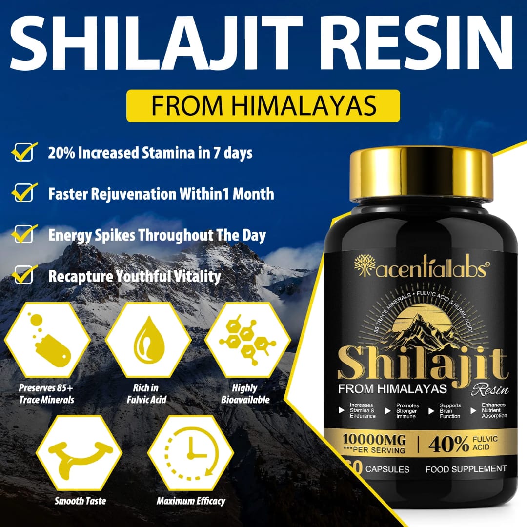 Acential Labs Himalayan Shilajit Resin Capsules 100000mg — 40% Fulvic Acid Energy, Stamina & Mineral Wellness | 60 Capsules