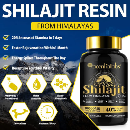 Acential Labs Himalayan Shilajit Resin Capsules 100000mg — 40% Fulvic Acid Energy, Stamina & Mineral Wellness | 60 Capsules