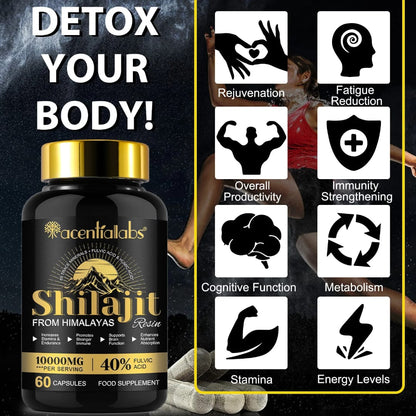 Acential Labs Himalayan Shilajit Resin Capsules 100000mg — 40% Fulvic Acid Energy, Stamina & Mineral Wellness | 60 Capsules