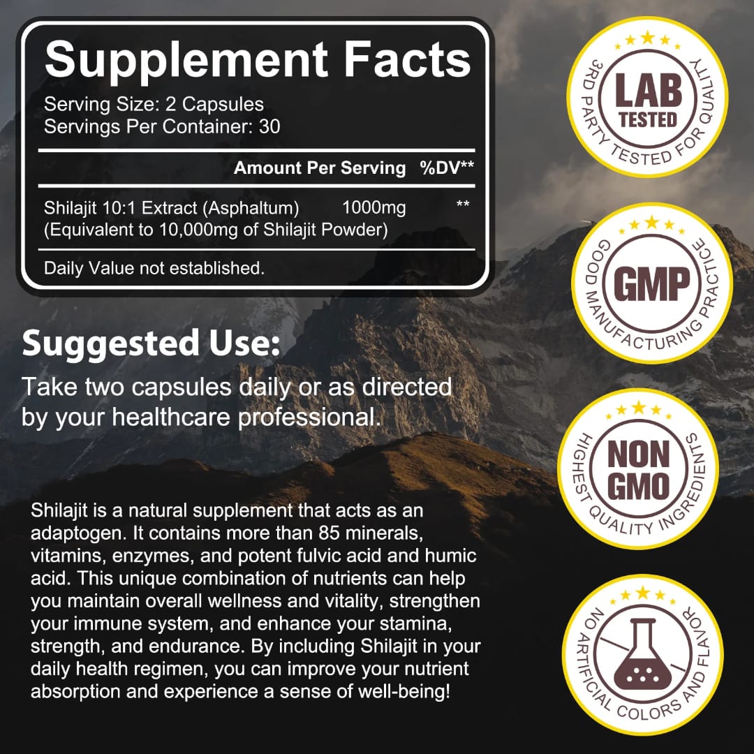 Acential Labs Himalayan Shilajit Resin Capsules 100000mg — 40% Fulvic Acid Energy, Stamina & Mineral Wellness | 60 Capsules
