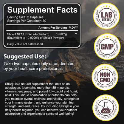 Acential Labs Himalayan Shilajit Resin Capsules 100000mg — 40% Fulvic Acid Energy, Stamina & Mineral Wellness | 60 Capsules