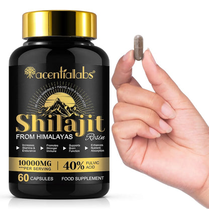 Acential Labs Himalayan Shilajit Resin Capsules 100000mg — 40% Fulvic Acid Energy, Stamina & Mineral Wellness | 60 Capsules