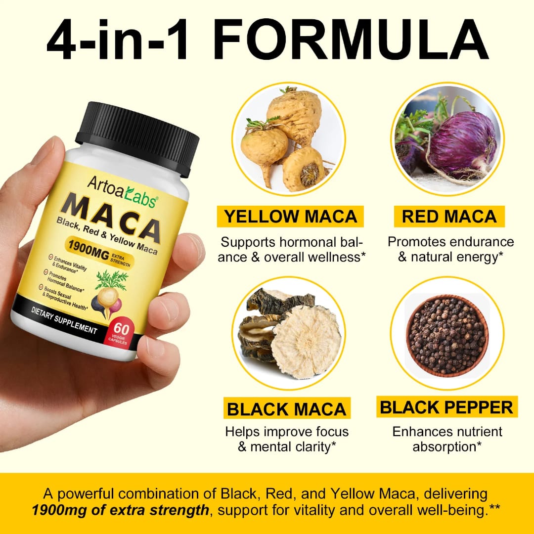 ArtoaLabs Maca 1900mg Extra Strength — Black, Red & Yellow Maca Vitality & Hormonal Wellness Capsules | 60 Capsules