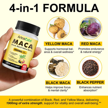 ArtoaLabs Maca 1900mg Extra Strength — Black, Red & Yellow Maca Vitality & Hormonal Wellness Capsules | 60 Capsules