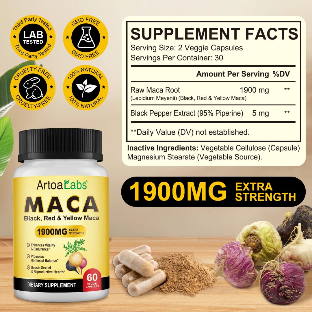 ArtoaLabs Maca 1900mg Extra Strength — Black, Red & Yellow Maca Vitality & Hormonal Wellness Capsules | 60 Capsules