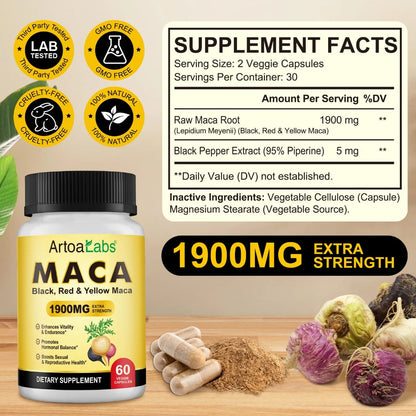 ArtoaLabs Maca 1900mg Extra Strength — Black, Red & Yellow Maca Vitality & Hormonal Wellness Capsules | 60 Capsules
