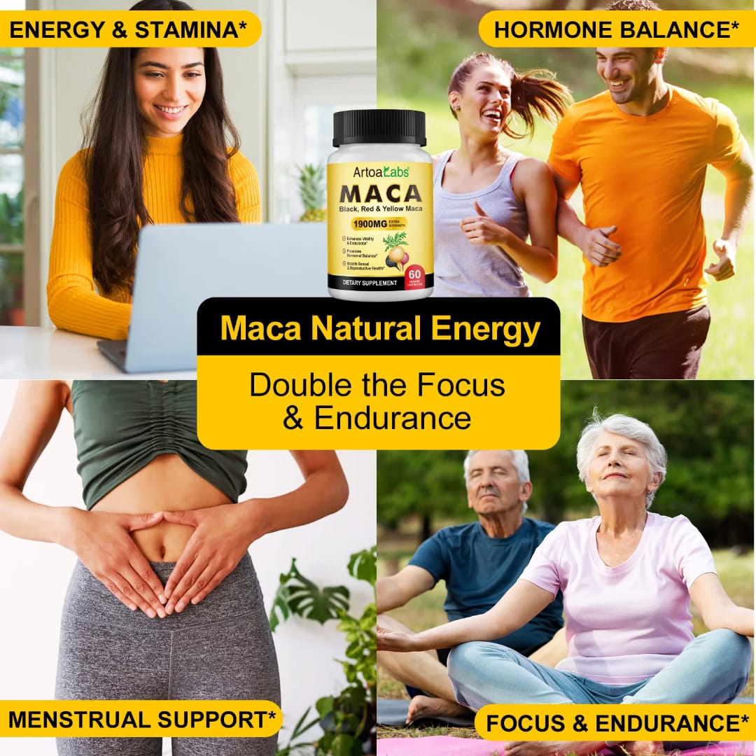ArtoaLabs Maca 1900mg Extra Strength — Black, Red & Yellow Maca Vitality & Hormonal Wellness Capsules | 60 Capsules