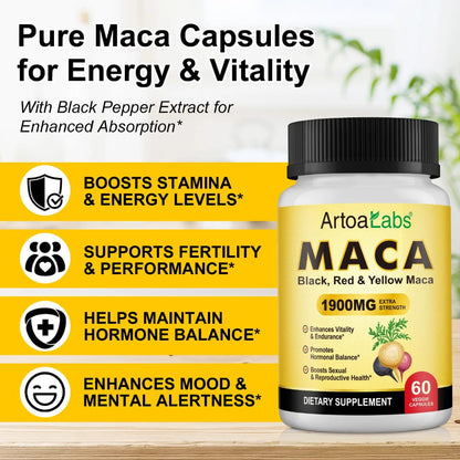 ArtoaLabs Maca 1900mg Extra Strength — Black, Red & Yellow Maca Vitality & Hormonal Wellness Capsules | 60 Capsules