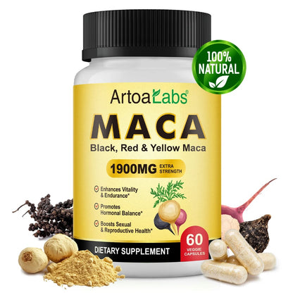 ArtoaLabs Maca 1900mg Extra Strength — Black, Red & Yellow Maca Vitality & Hormonal Wellness Capsules | 60 Capsules
