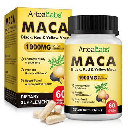 ArtoaLabs Maca 1900mg Extra Strength — Black, Red & Yellow Maca Vitality & Hormonal Wellness Capsules | 60 Capsules
