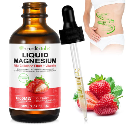 Acential Labs Liquid Magnesium 1000mg — Strawberry Flavour with Cellulose Fibre & Vitamins | Sleep, Muscle & Relaxation Wellness