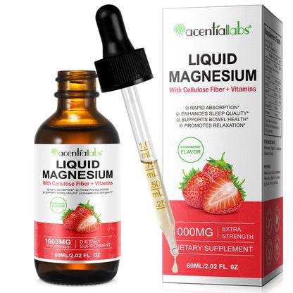 Acential Labs Liquid Magnesium 1000mg — Strawberry Flavour with Cellulose Fibre & Vitamins | Sleep, Muscle & Relaxation Wellness