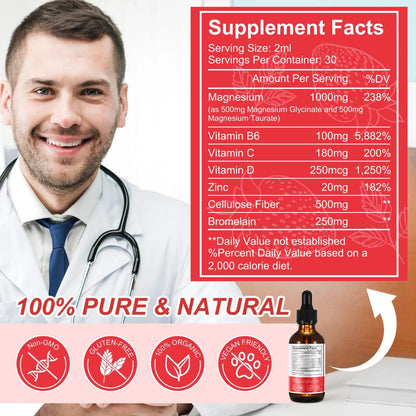 Acential Labs Liquid Magnesium 1000mg — Strawberry Flavour with Cellulose Fibre & Vitamins | Sleep, Muscle & Relaxation Wellness