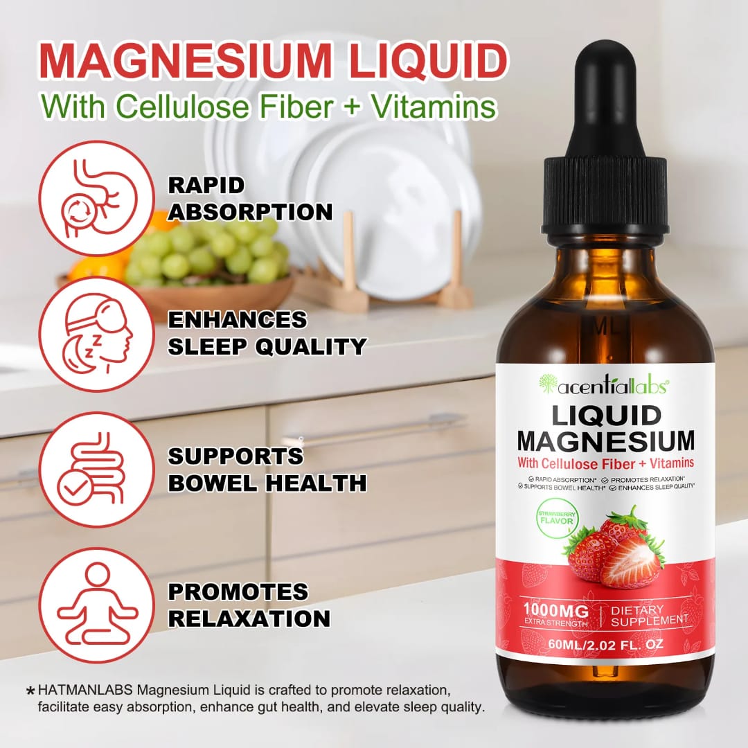 Acential Labs Liquid Magnesium 1000mg — Strawberry Flavour with Cellulose Fibre & Vitamins | Sleep, Muscle & Relaxation Wellness
