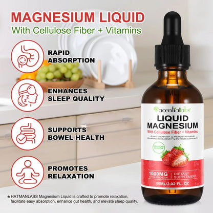 Acential Labs Liquid Magnesium 1000mg — Strawberry Flavour with Cellulose Fibre & Vitamins | Sleep, Muscle & Relaxation Wellness